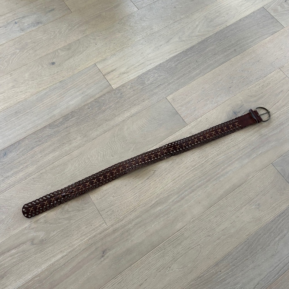 Vintage Brown Studded Leather Scalloped Belt Wide Boho Grommet Cross Stitch 40in